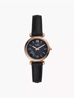 Fossil Black Leather Strap Watch with Rose Gold Case